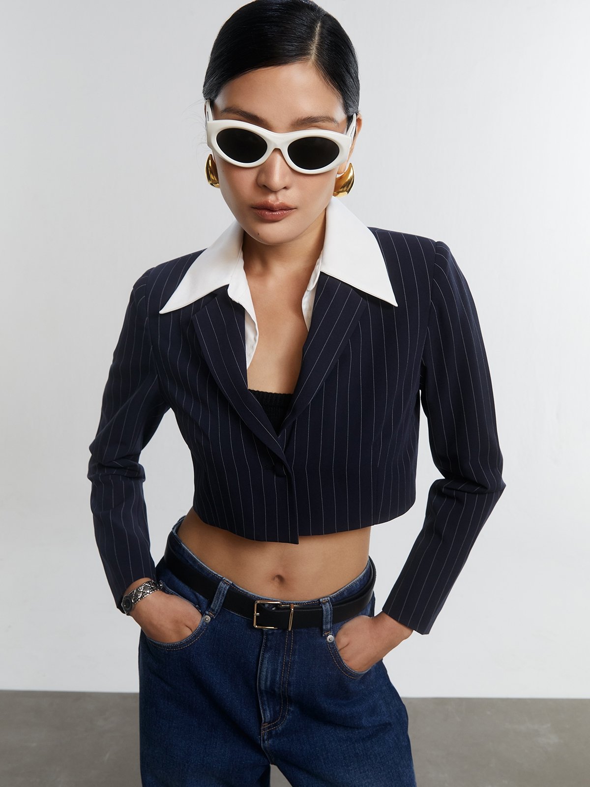 Pin Stripe Cropped Blazer Navy Pomelo Fashion