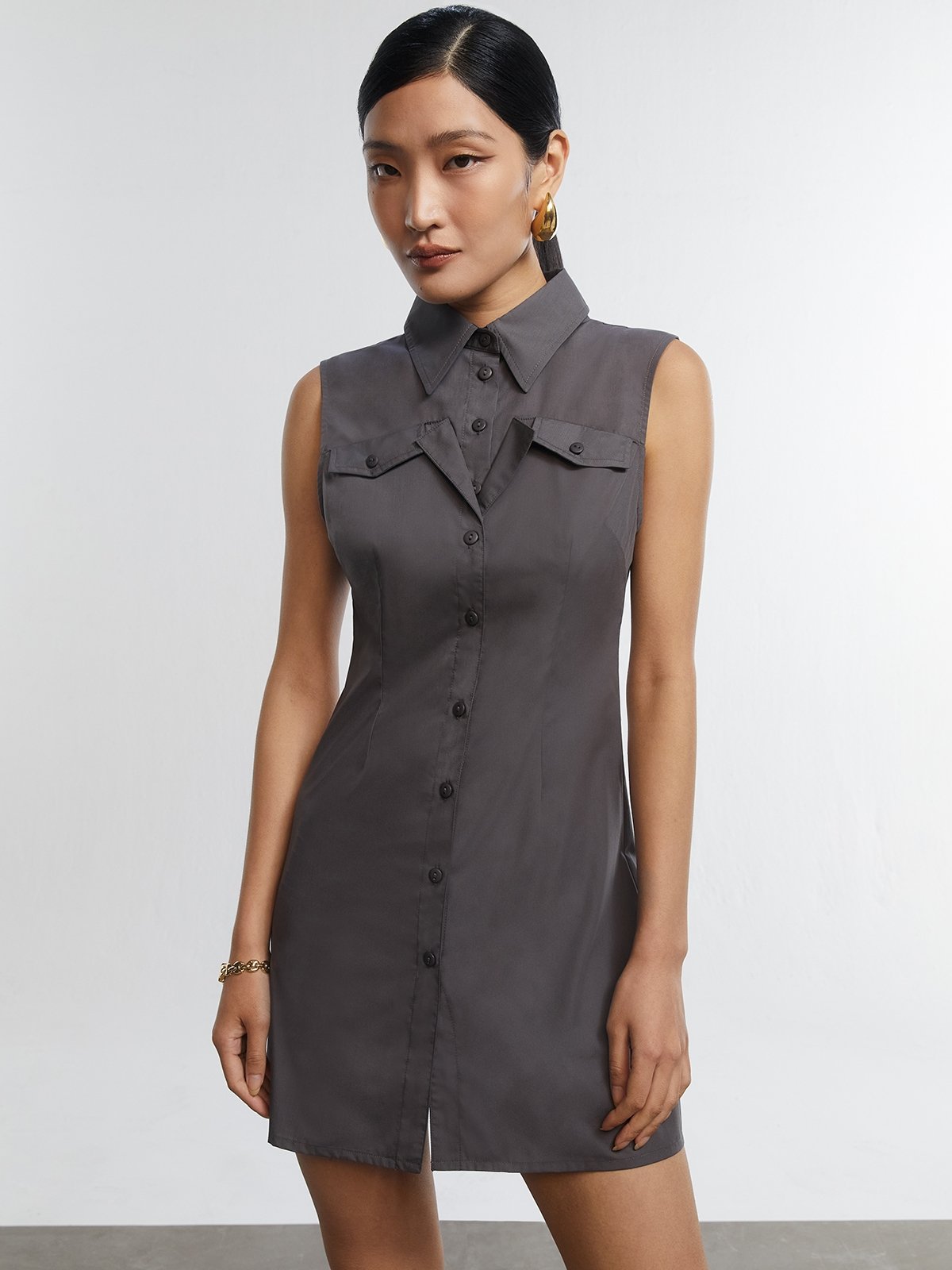 Button Up Sleeveless Shirt Dress Mid Grey Pomelo Fashion