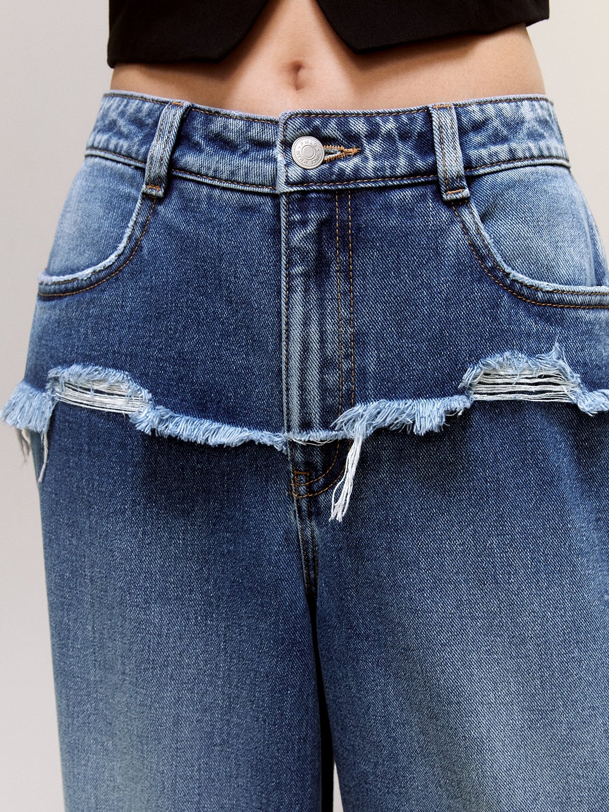 Ripped Wide-Leg Jeans - Blue - Pomelo Fashion