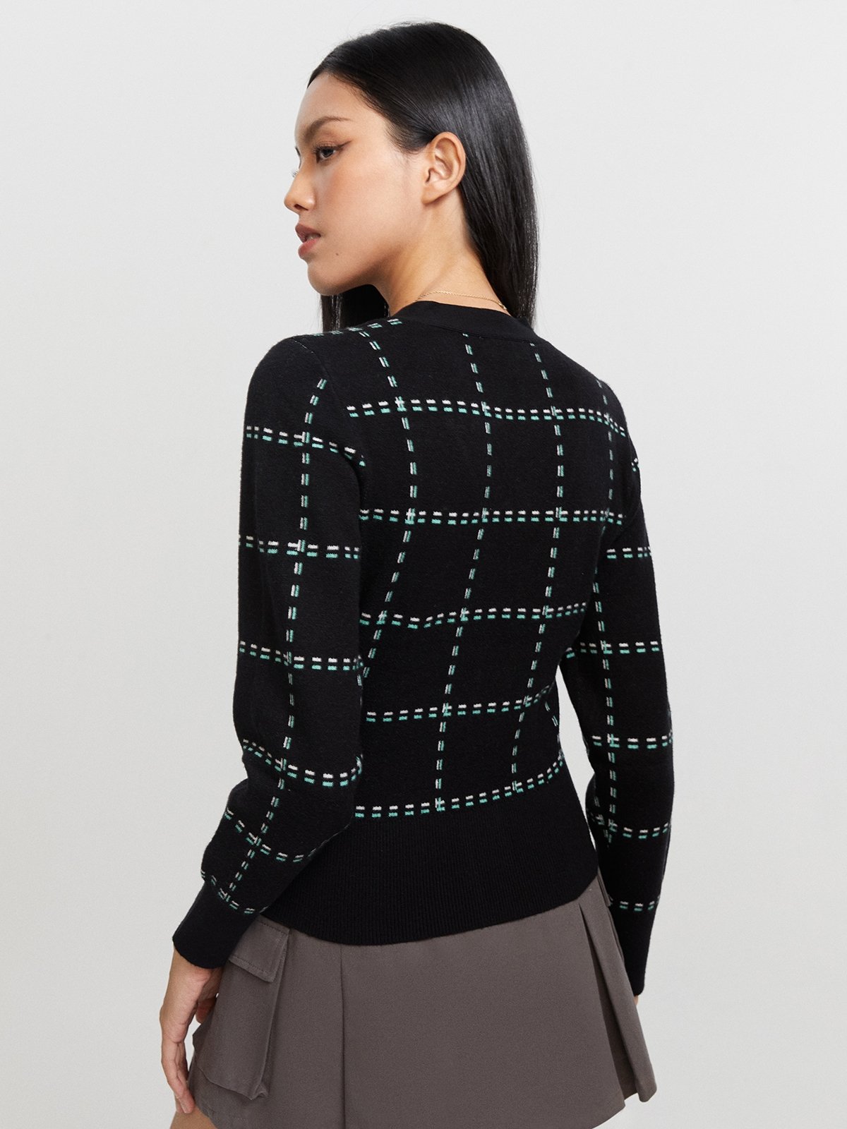Windowpane Knitted Cardigan with Stitched Detail Black Pomelo Fashion
