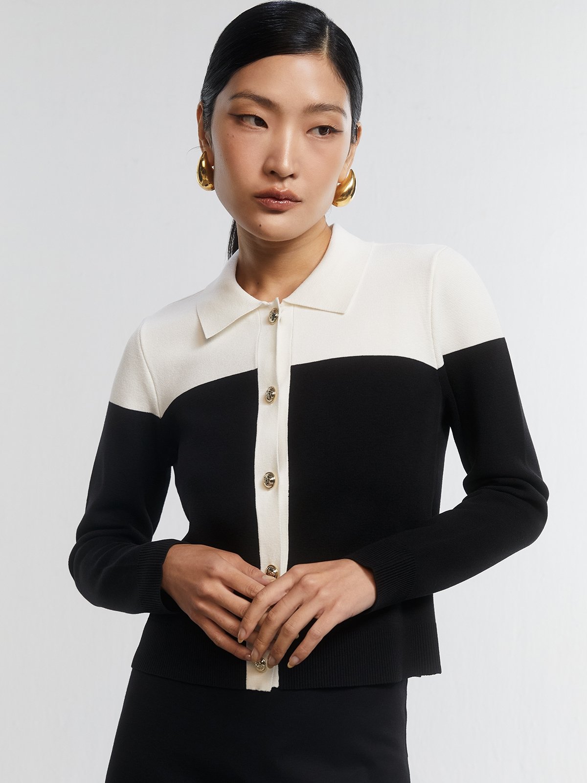 Two Tone Cardigan with Silver Button Detail Black White Pomelo Fashion