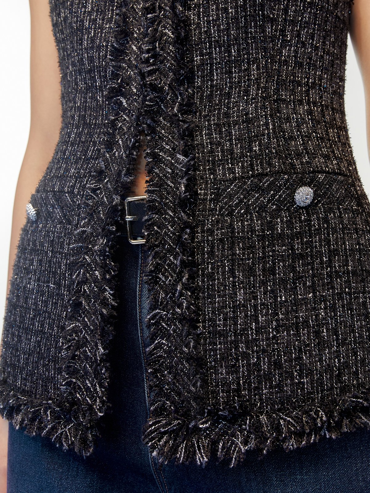 Tweed Vest - Black - Pomelo Fashion