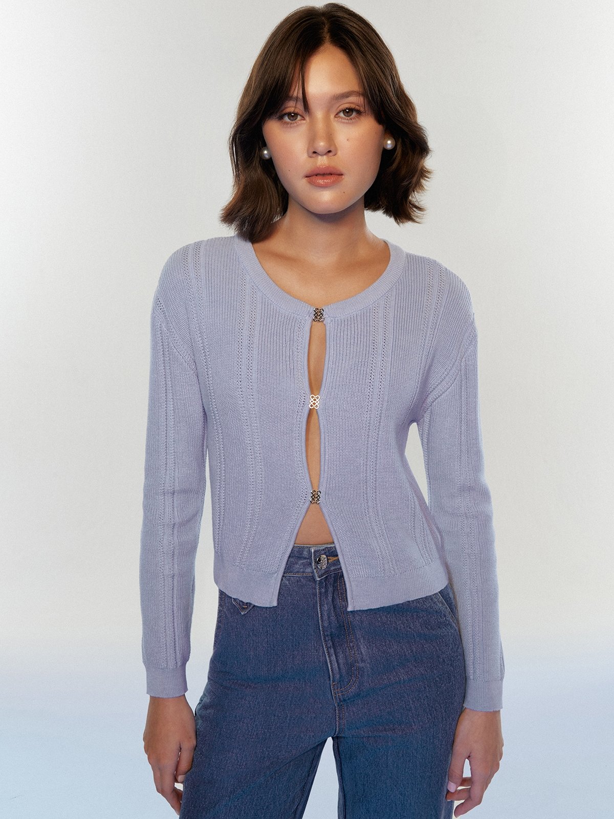 Knitted Cardigan with Double Weave Silver Hardware Baby Blue