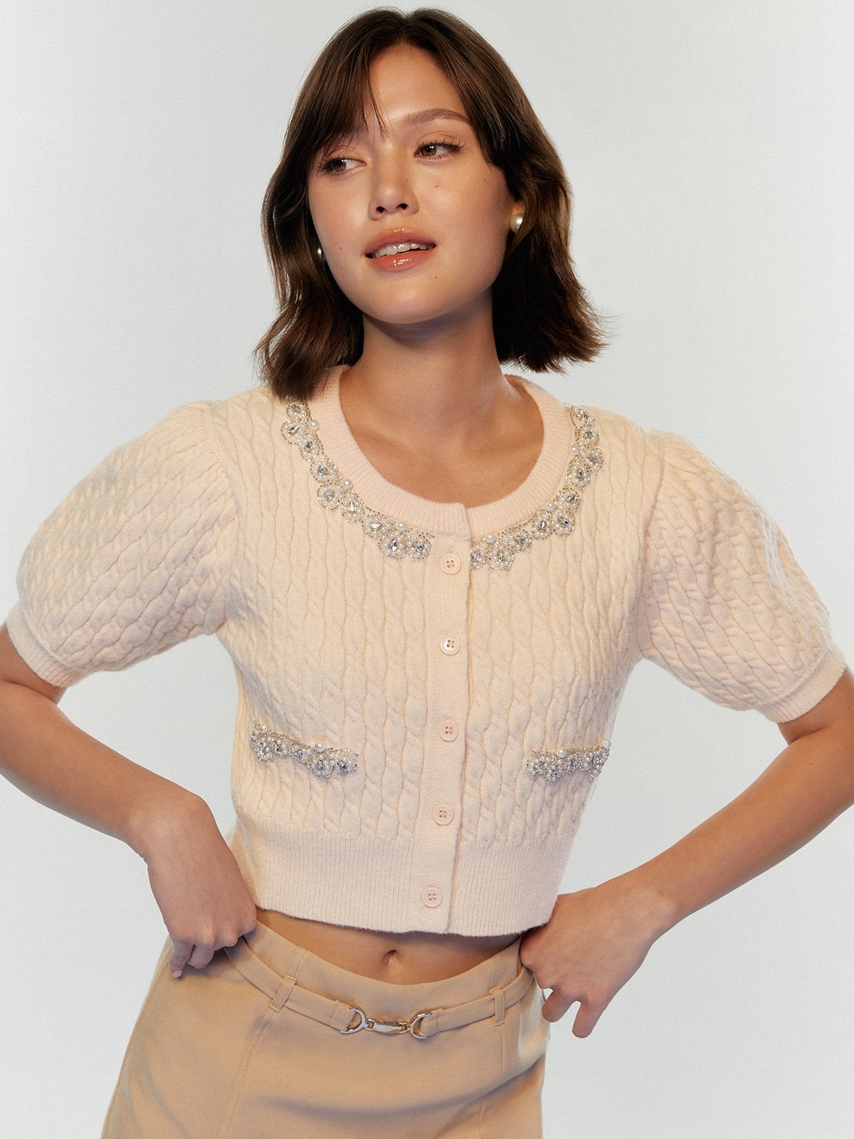 Short Sleeve Cable Knit Cardigan with Floral Pearl Embellishment Pink Pomelo Fashion
