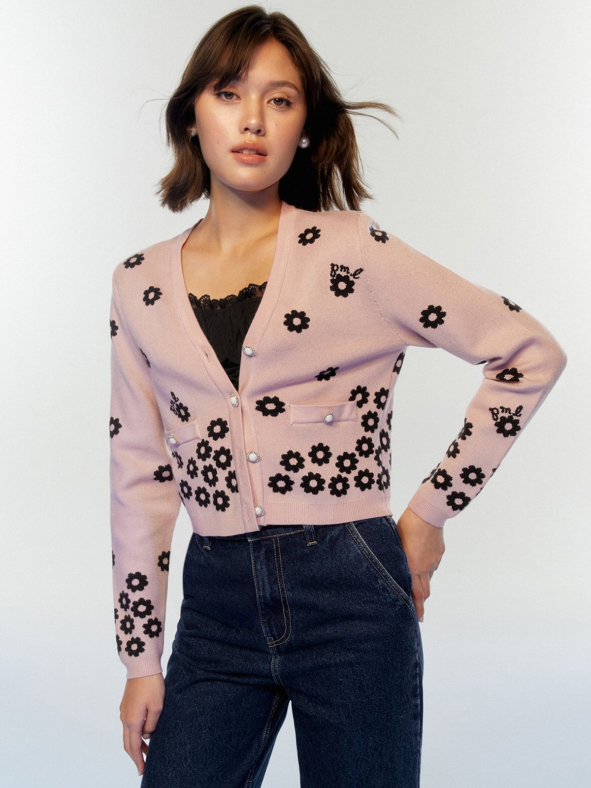 Floral Printed Cropped Knit Cardigan with Pearl Button Detail Pink