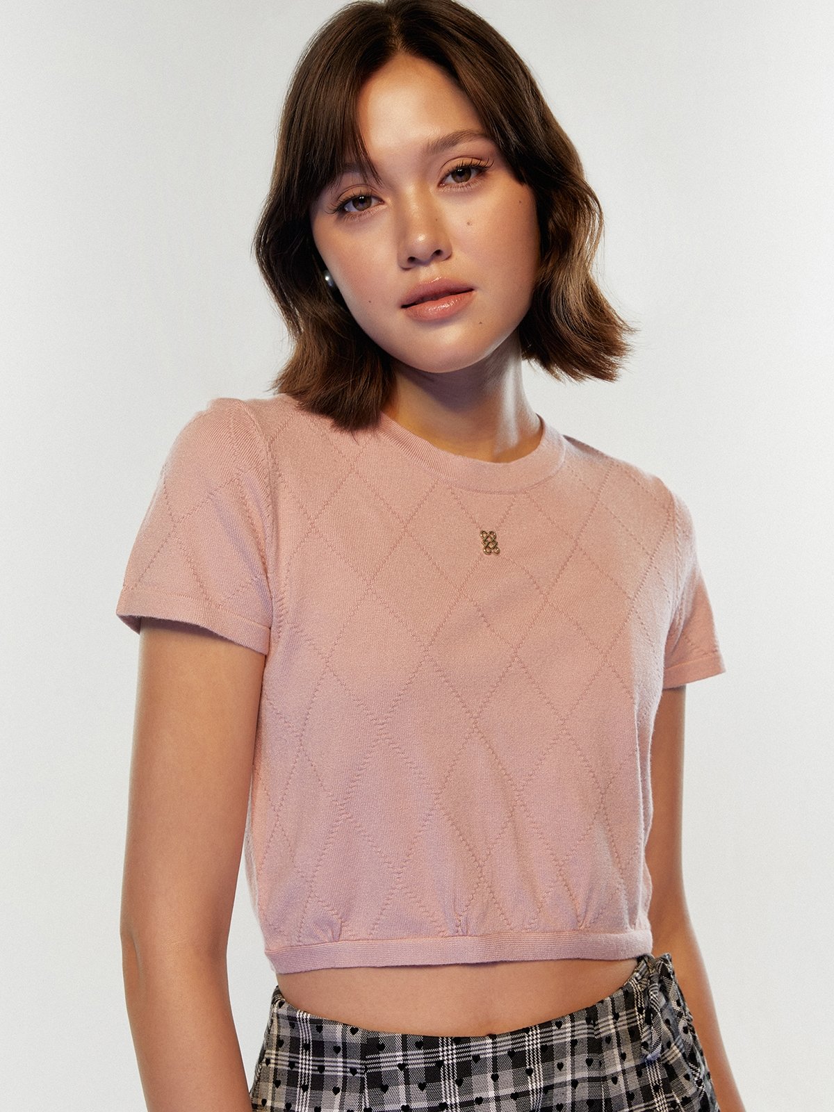 Monogram Knitted Mini Tee with Back Bow-Tie - Pink - Pomelo Fashion