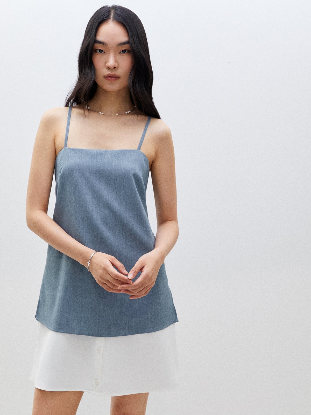 2 Layered Two Tone Cami Mini Dress - Blue Denim - Pomelo Fashion