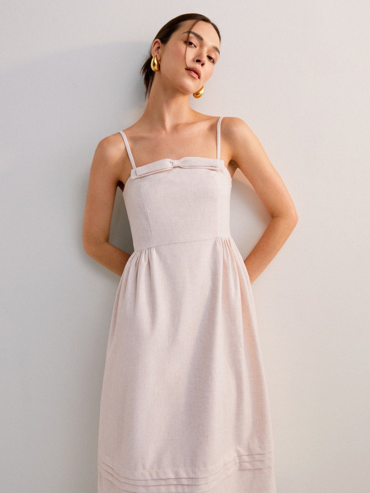 Feminine Bow Linen Flowy Dress Light Pink Pomelo Fashion