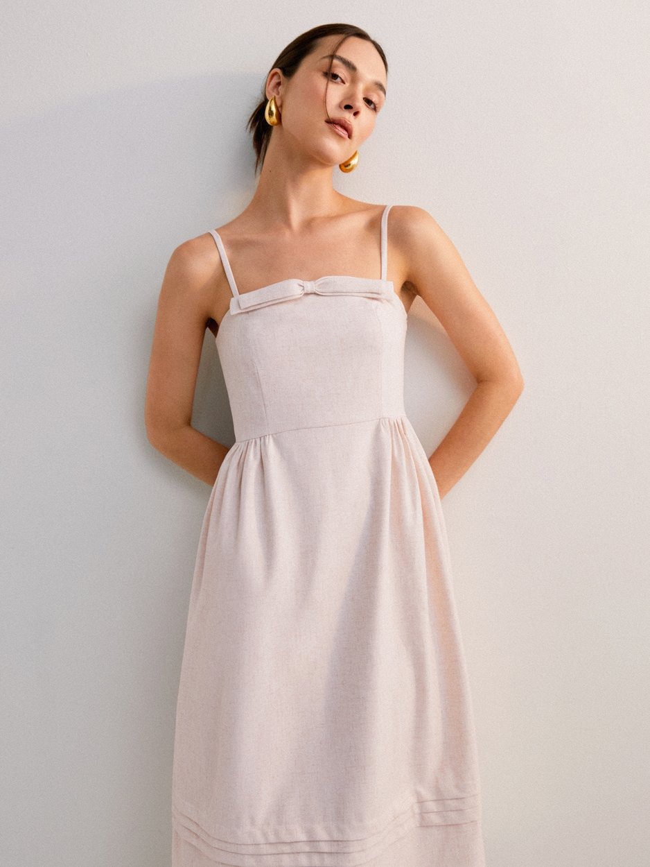 Feminine Bow Linen Flowy Dress - Light Pink - Pomelo Fashion Feminine Bow Linen Flowy Dress - Light Pink - Pomelo Fashion