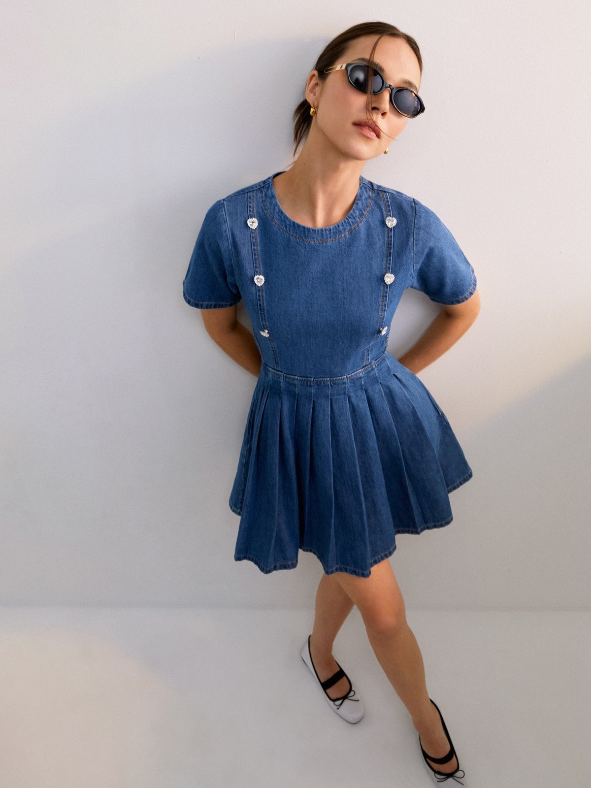 Heart Rhinestone Button Detail Denim Mini Dress - Blue - Pomelo Fashion