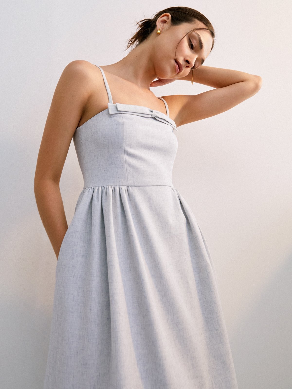 Feminine Bow Linen Flowy Dress Light Grey Pomelo Fashion