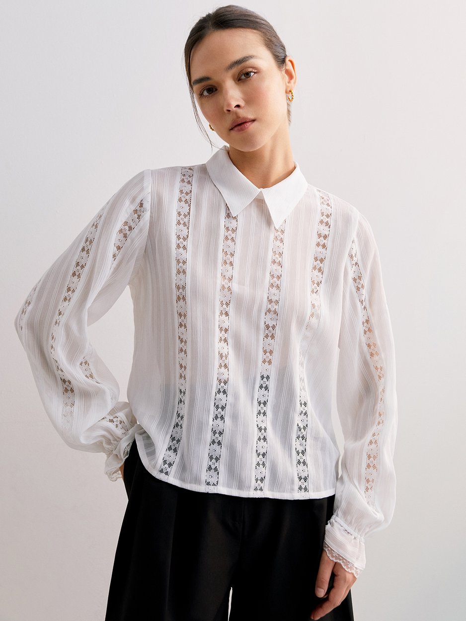 Lace Trim Long-Sleeve Blouse White Pomelo Fashion