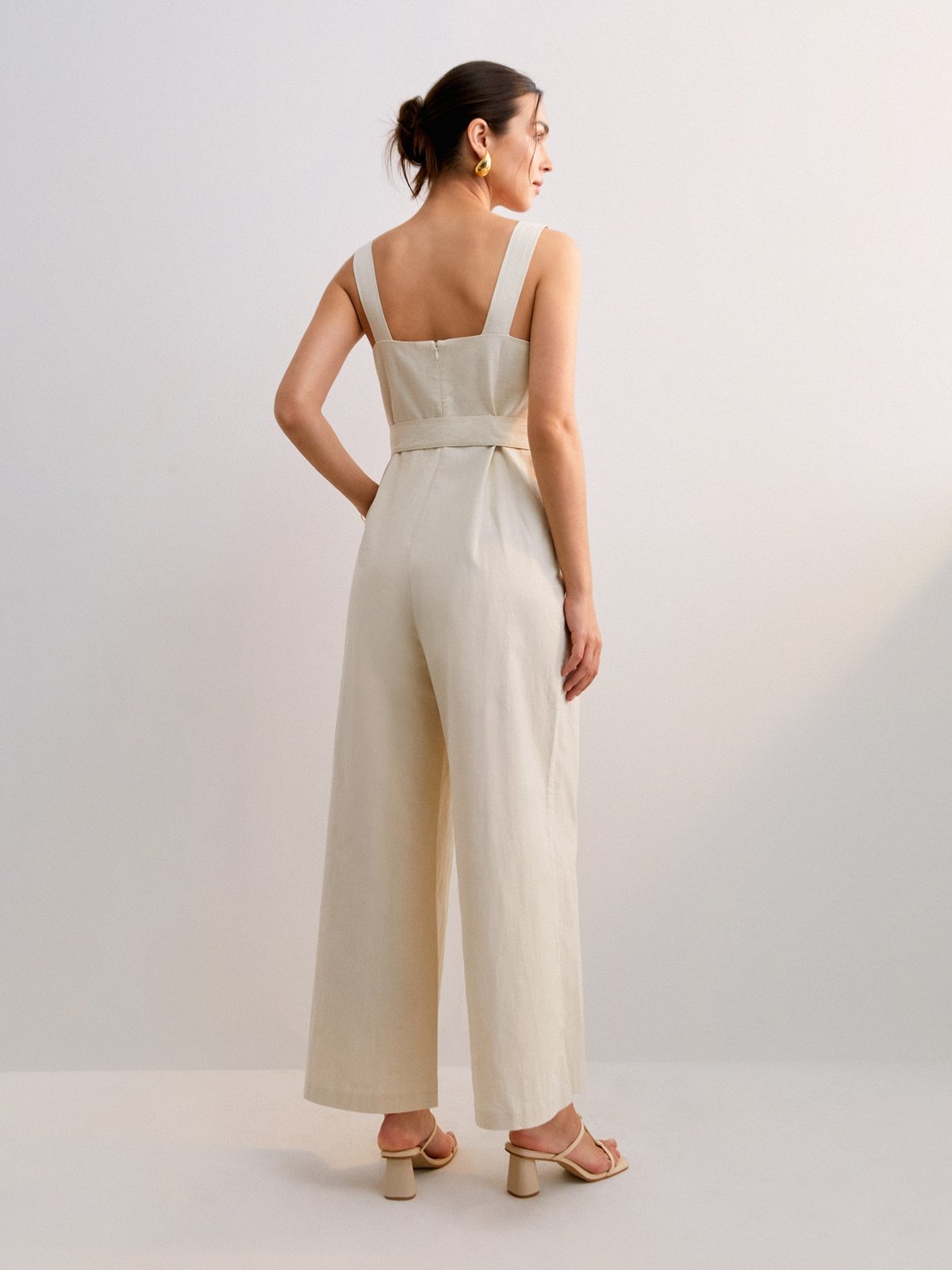 Front Tie Belted Jumpsuit Cream Pomelo Fashion
