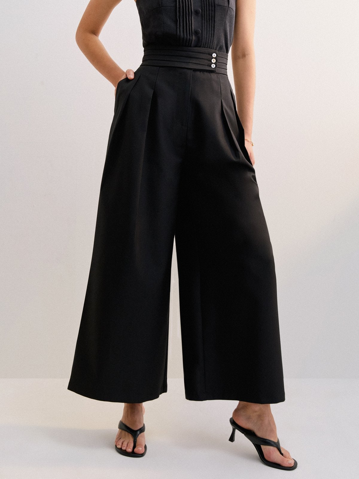 Three Button Wide Leg Pants Black Pomelo Fashion