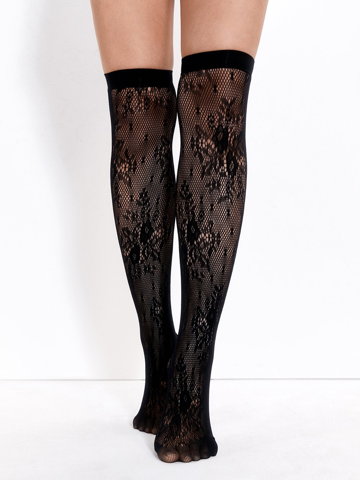 Floral Fishnet Knee High Socks Black Pomelo Fashion