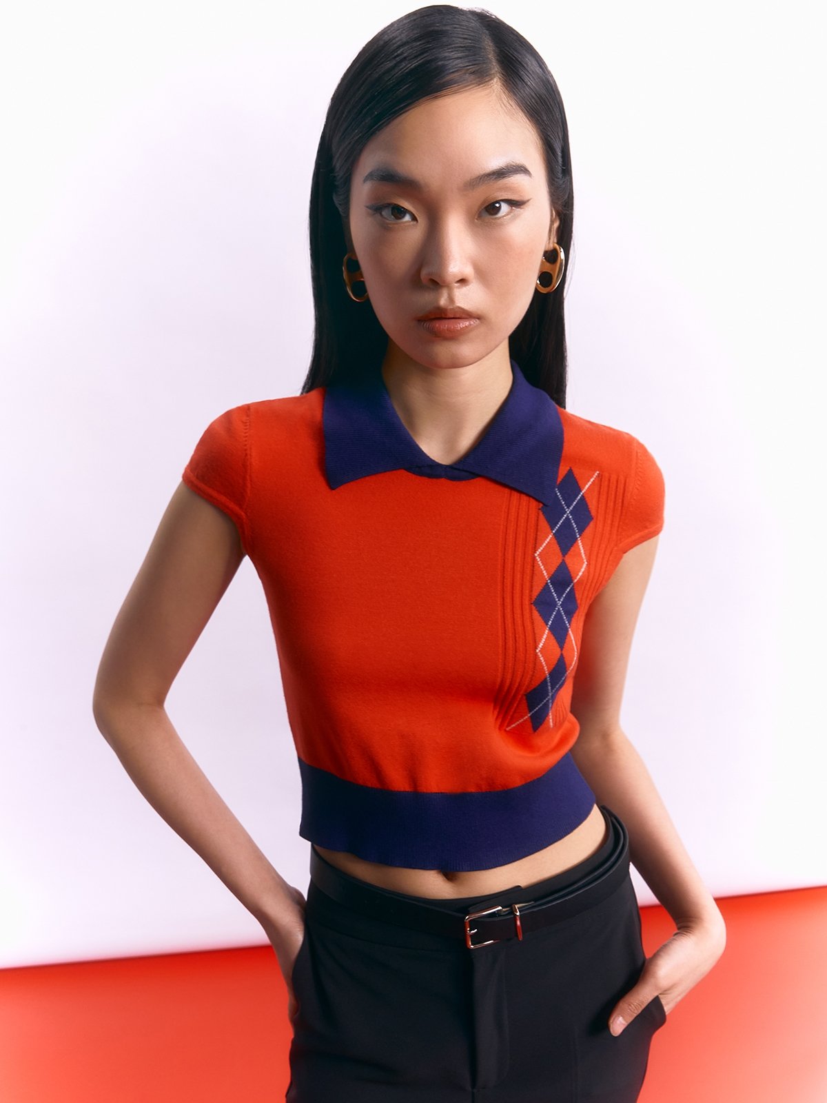Abstract Printed Two Tone Knitted Mini Tee Red Pomelo Fashion abstract-printed-two-tone-knitted-mini-tee-red-pomelo-fashion