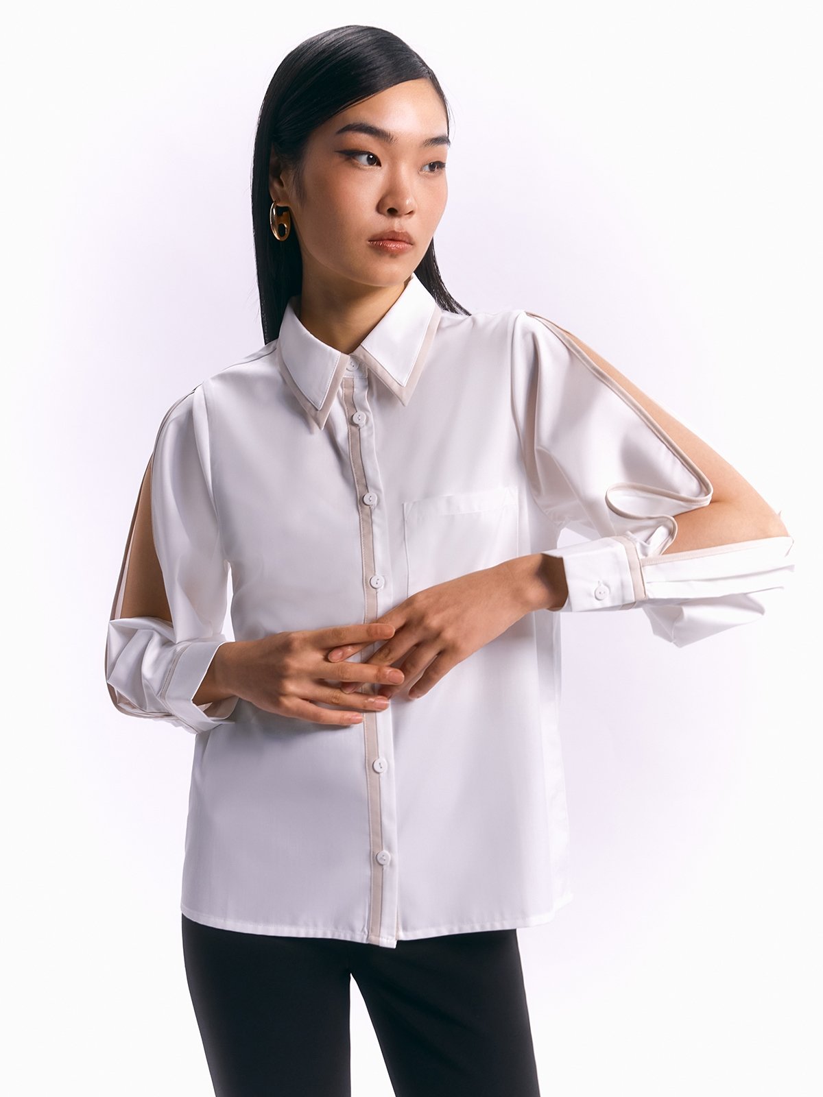 Two Tone Cut Out Sleeve Button Shirt with Contrast Trim Detail Ivory Pomelo Fashion