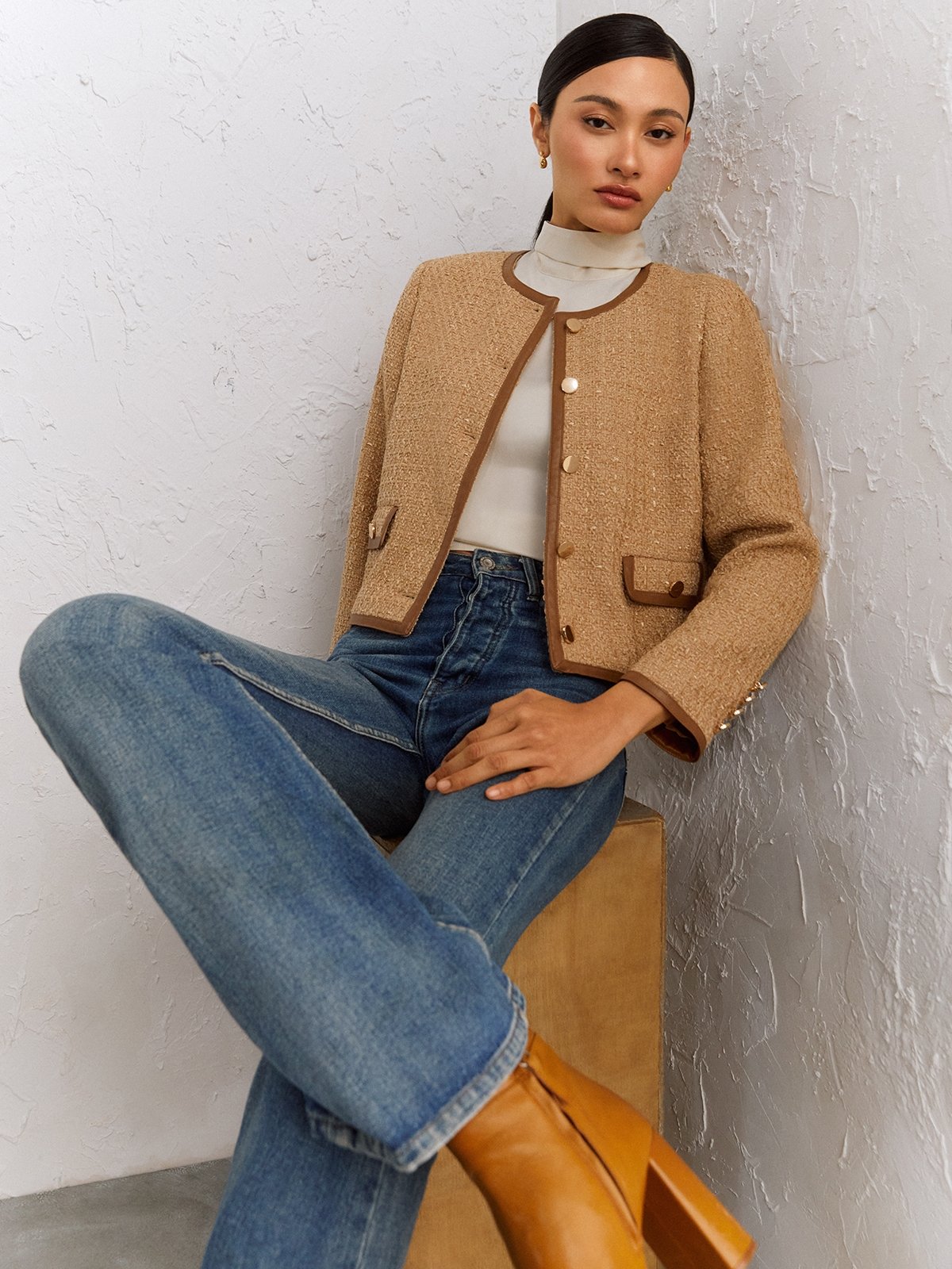 Julia Tweed Jacket - Brown - Pomelo Fashion