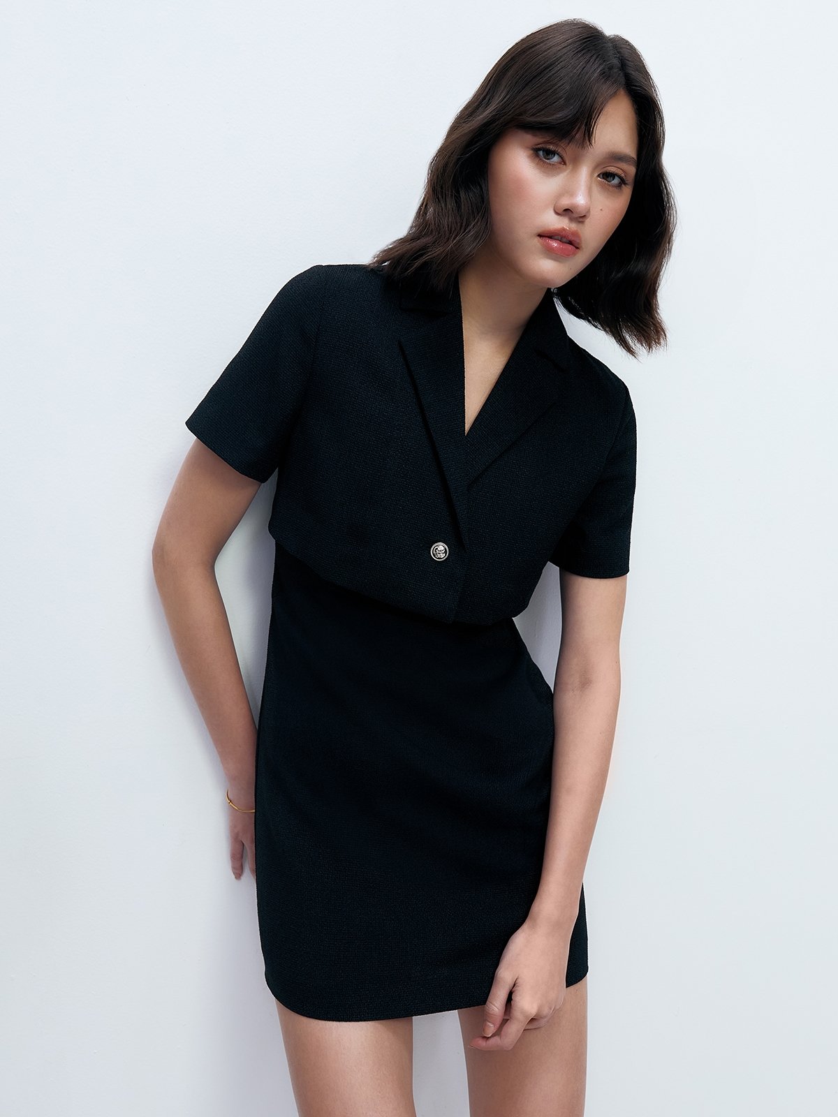 alma black Tweed mini dress with pearl trim
