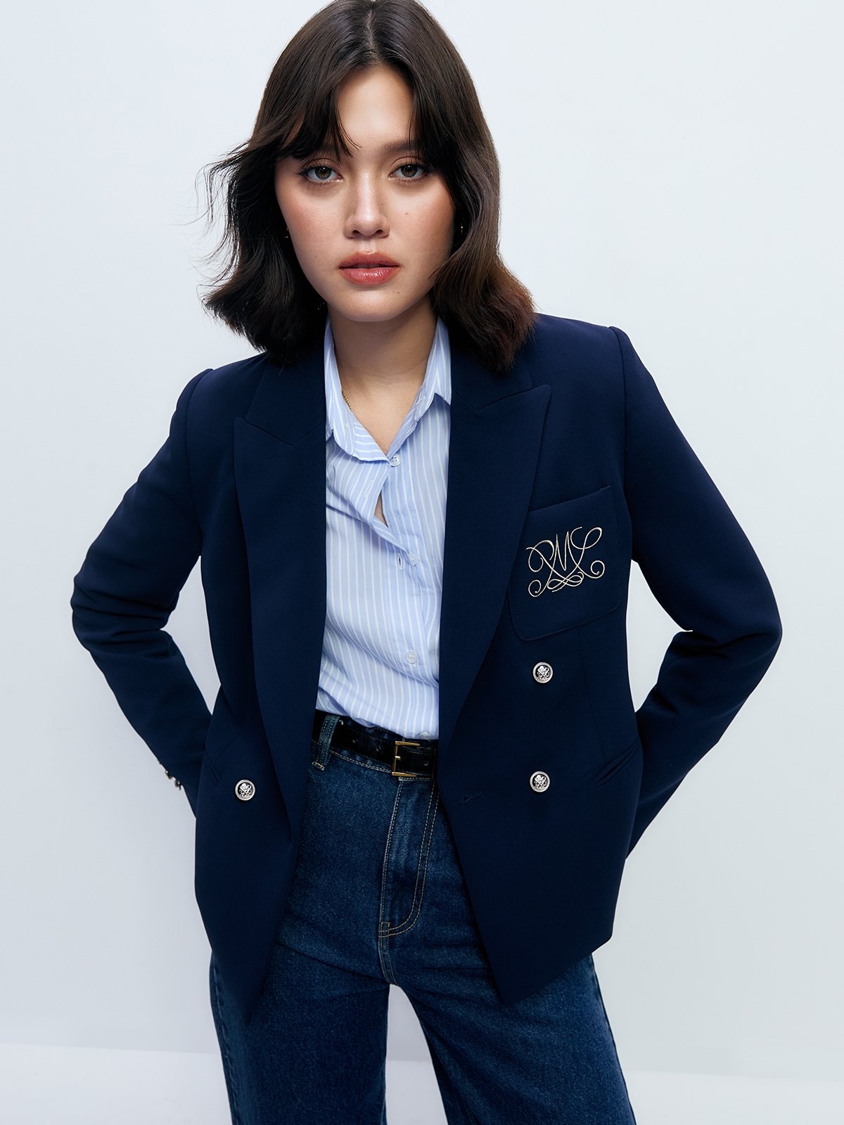 Logo Embroidered Blazer with Silver Hardware Navy Pomelo Fashion