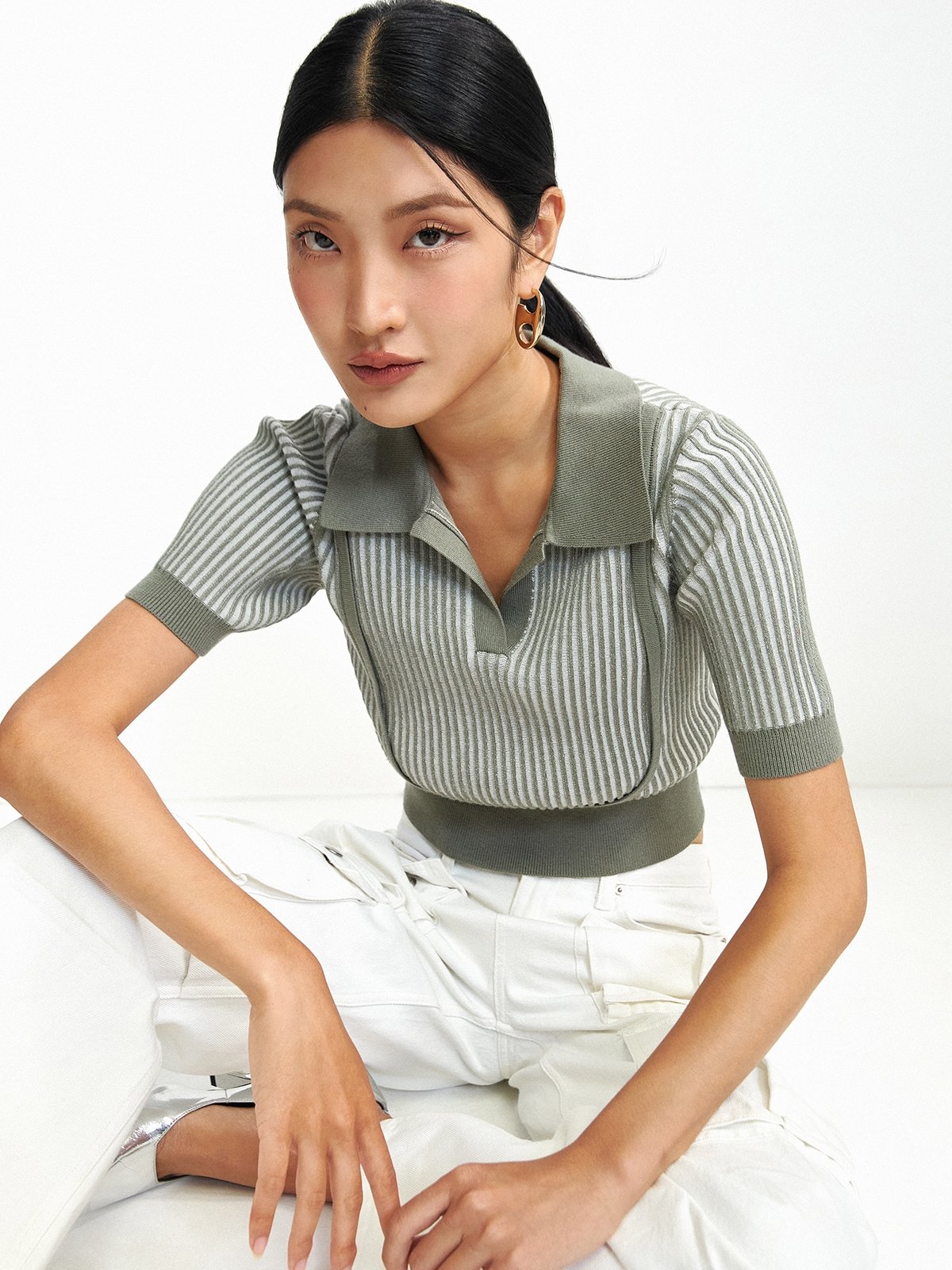 Pin Stripe Knitted Short Sleeve Shirt with Layered Detail Khaki Pomelo Fashion