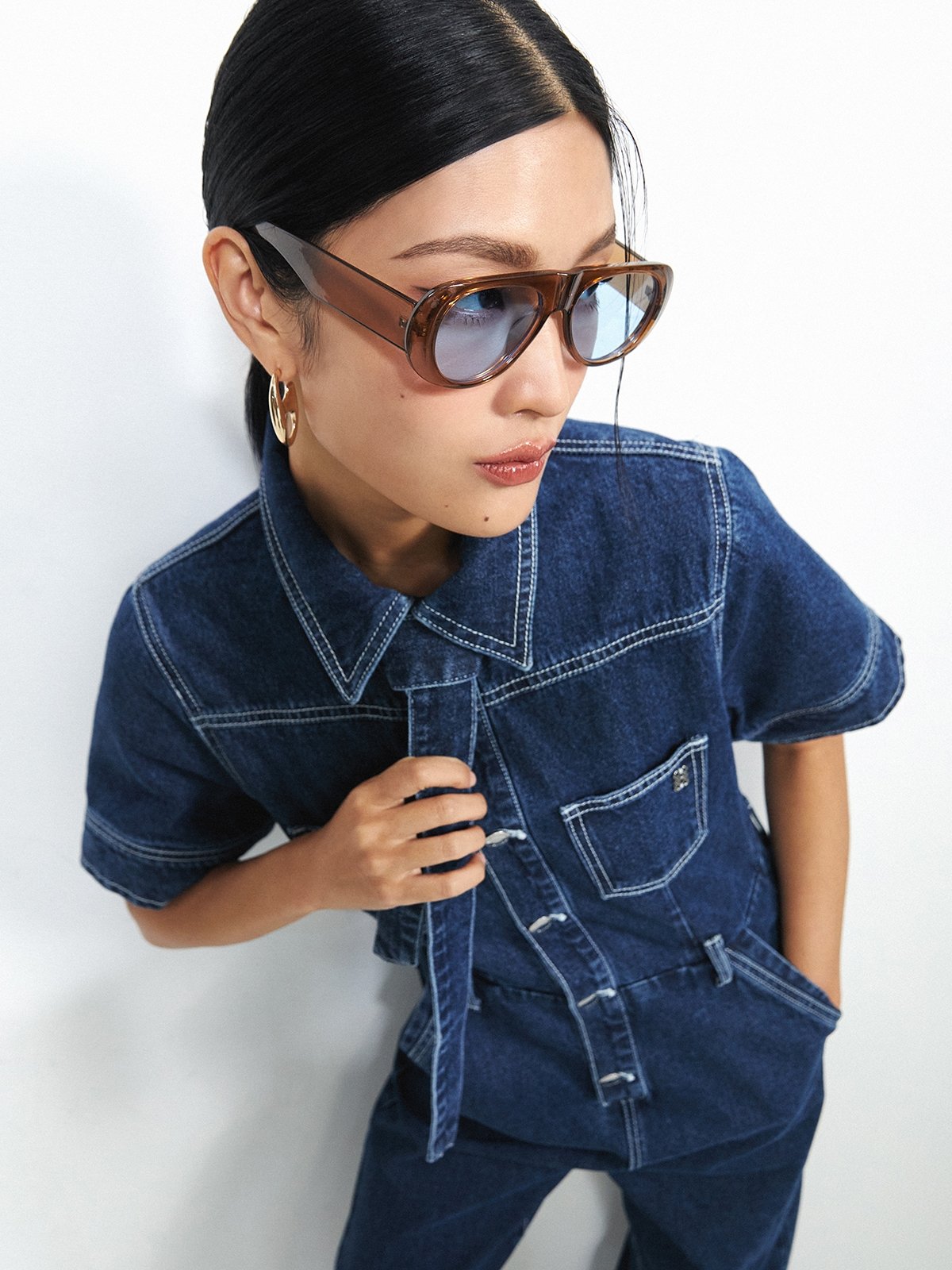 Contrast Stitching Detail Denim Jumpsuit - Blue - Pomelo Fashion