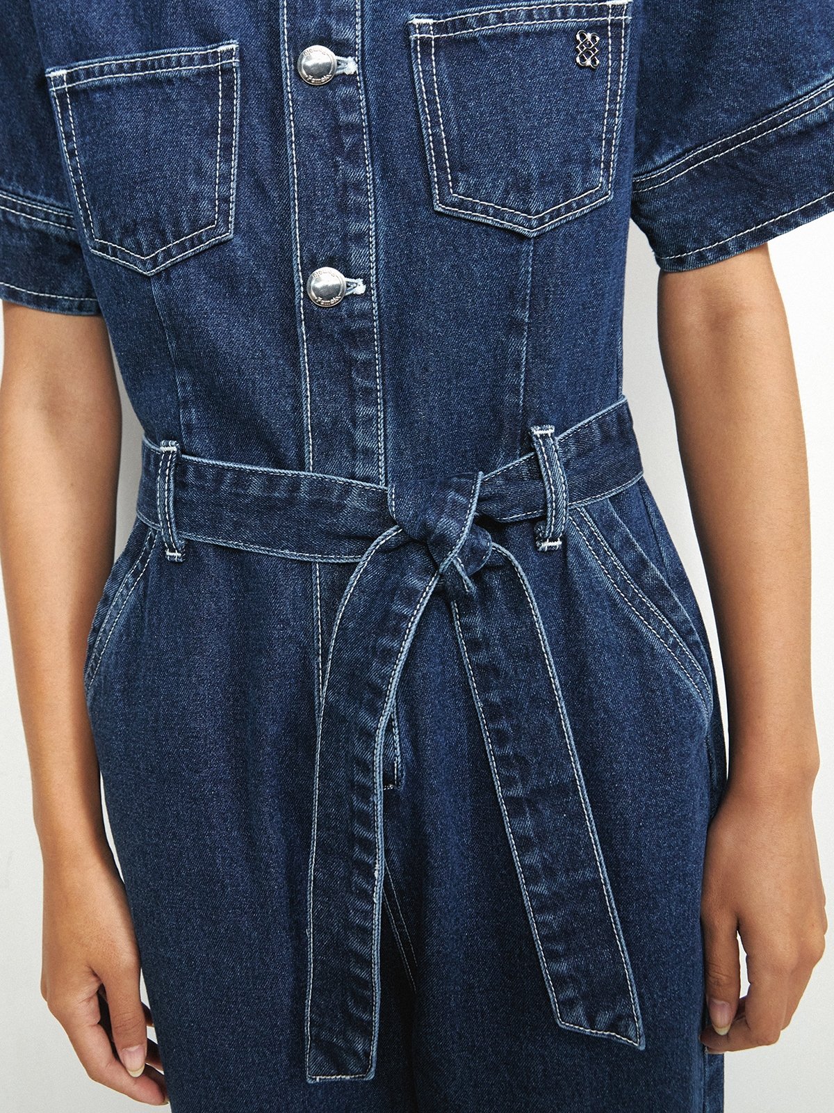 Contrast Stitching Detail Denim Jumpsuit - Blue - Pomelo Fashion