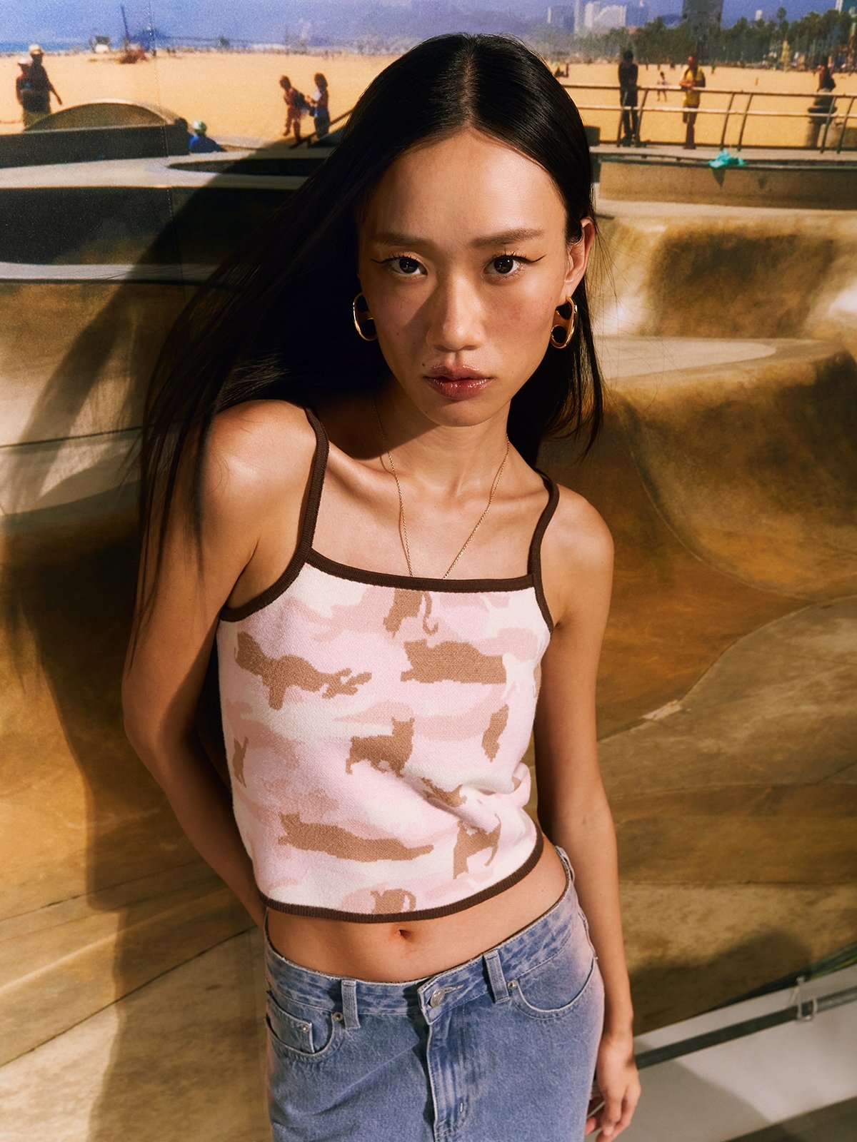 Novelty Camouflage Printed Knitted Spaghetti Top Multi Color