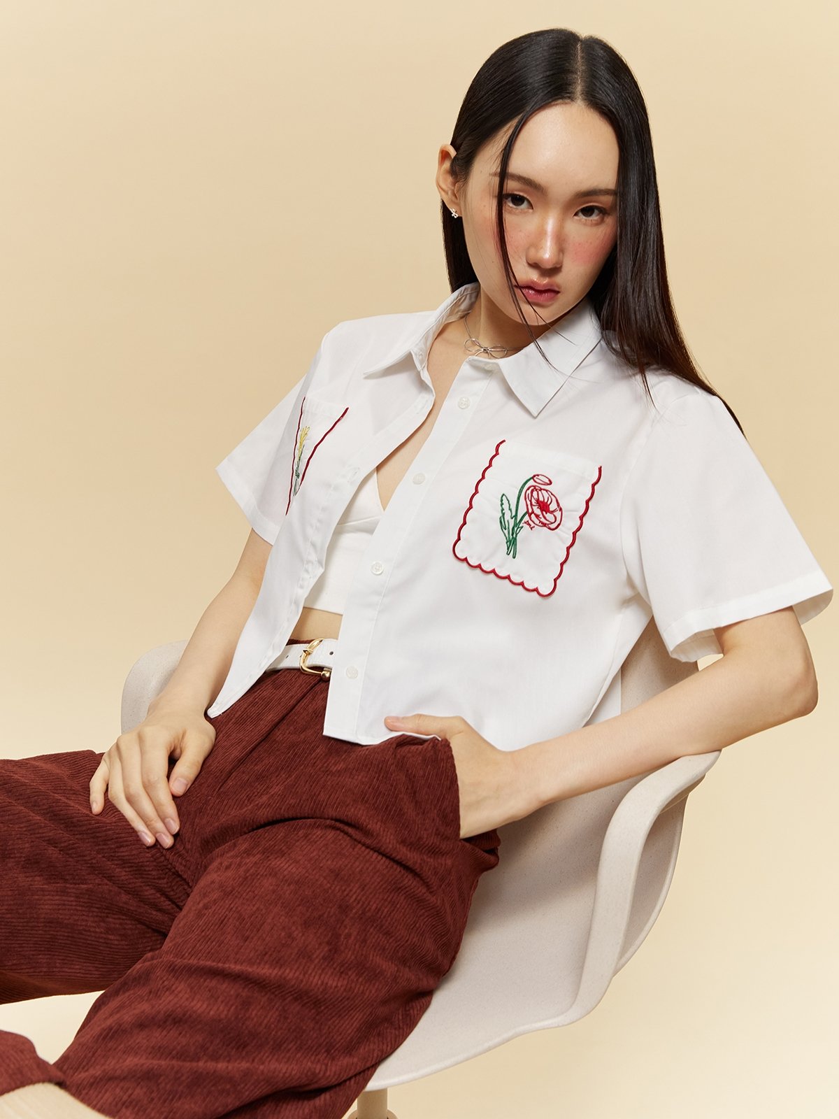 Embroidered White Crop Shirt