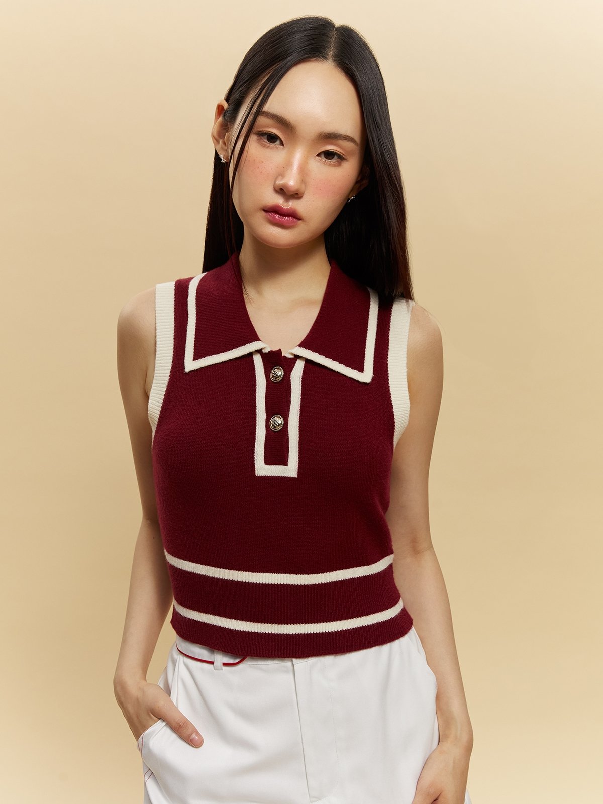Contrast Trim Button Detail Knitted Sleeveless Tank Top Red Pomelo contrast-trim-button-detail-knitted-sleeveless-tank-top-red-pomelo