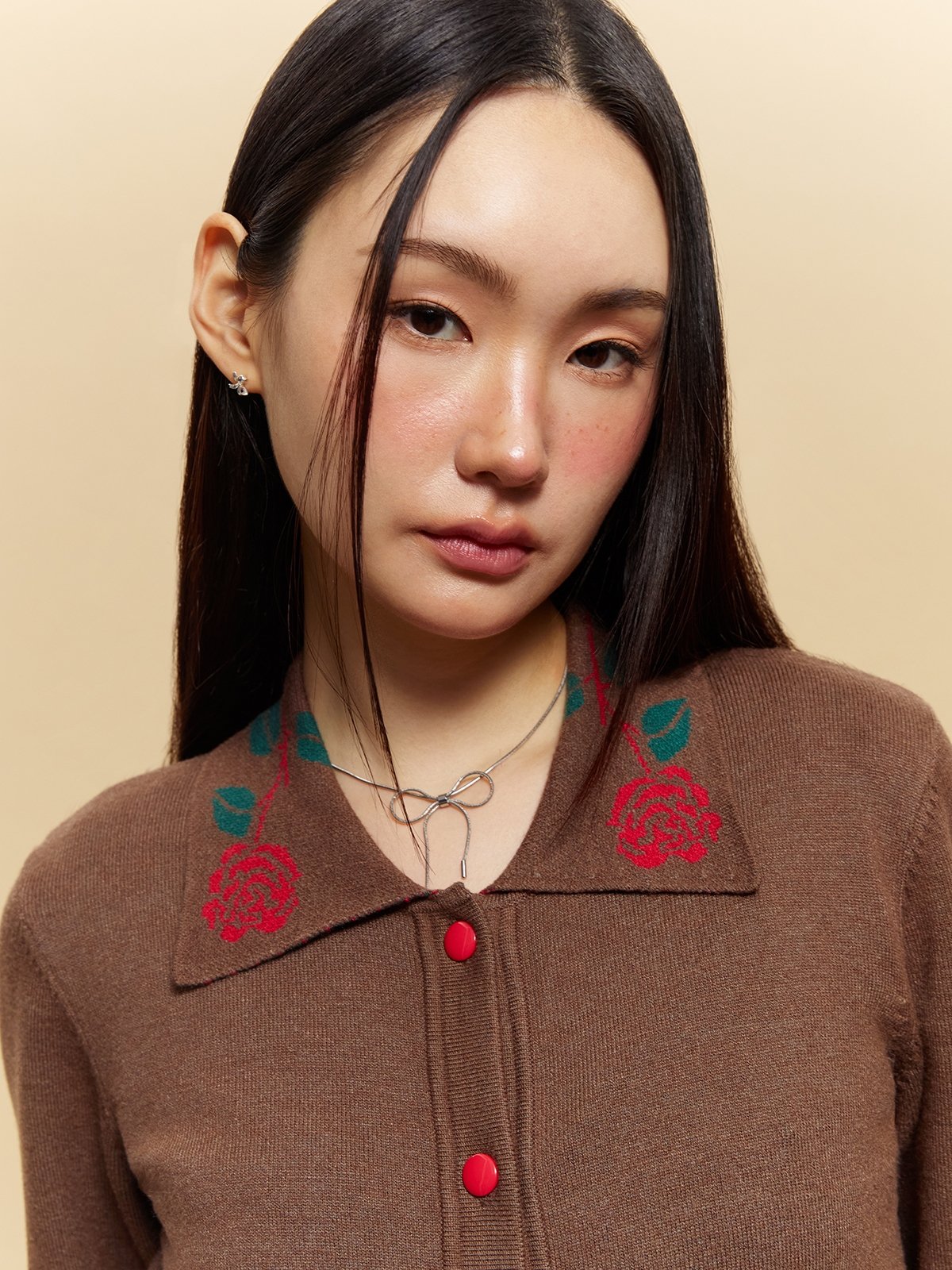 Rose Embroidered Knitted Cardigan with Red Button Brown