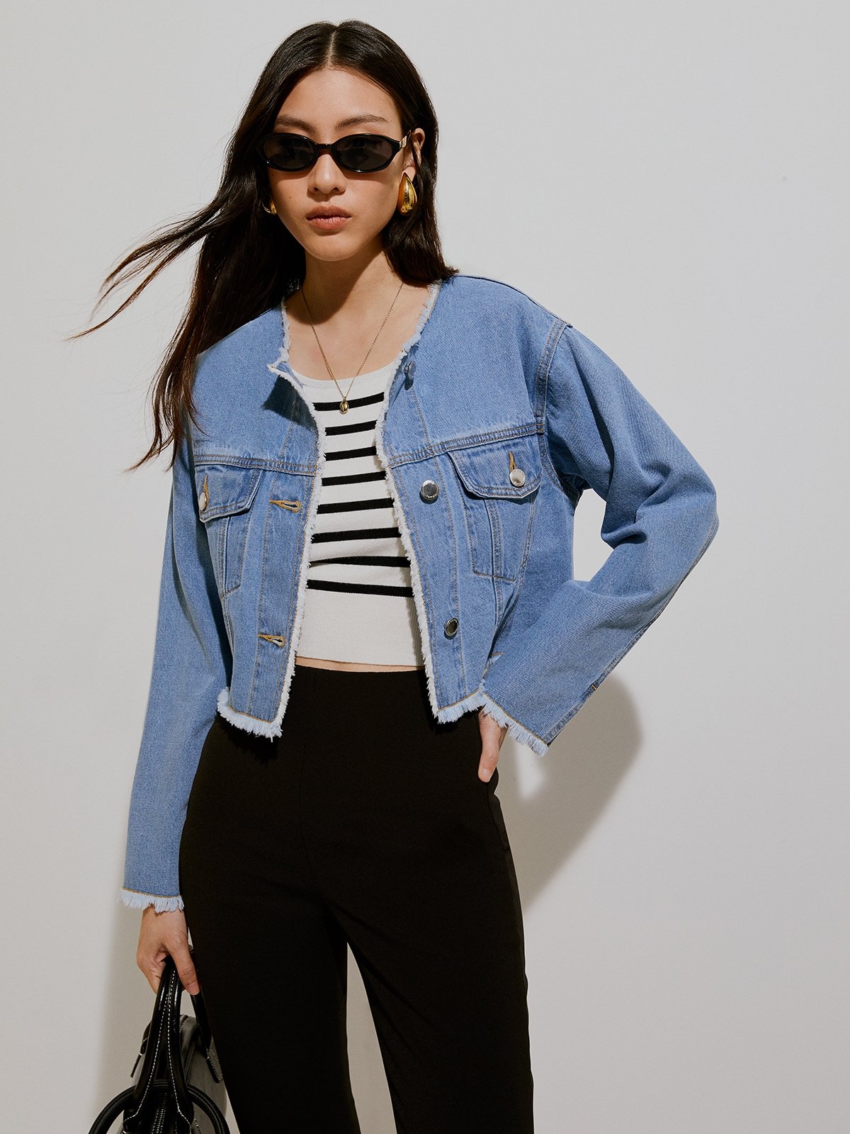 Cropped denim jacket light blue best sale