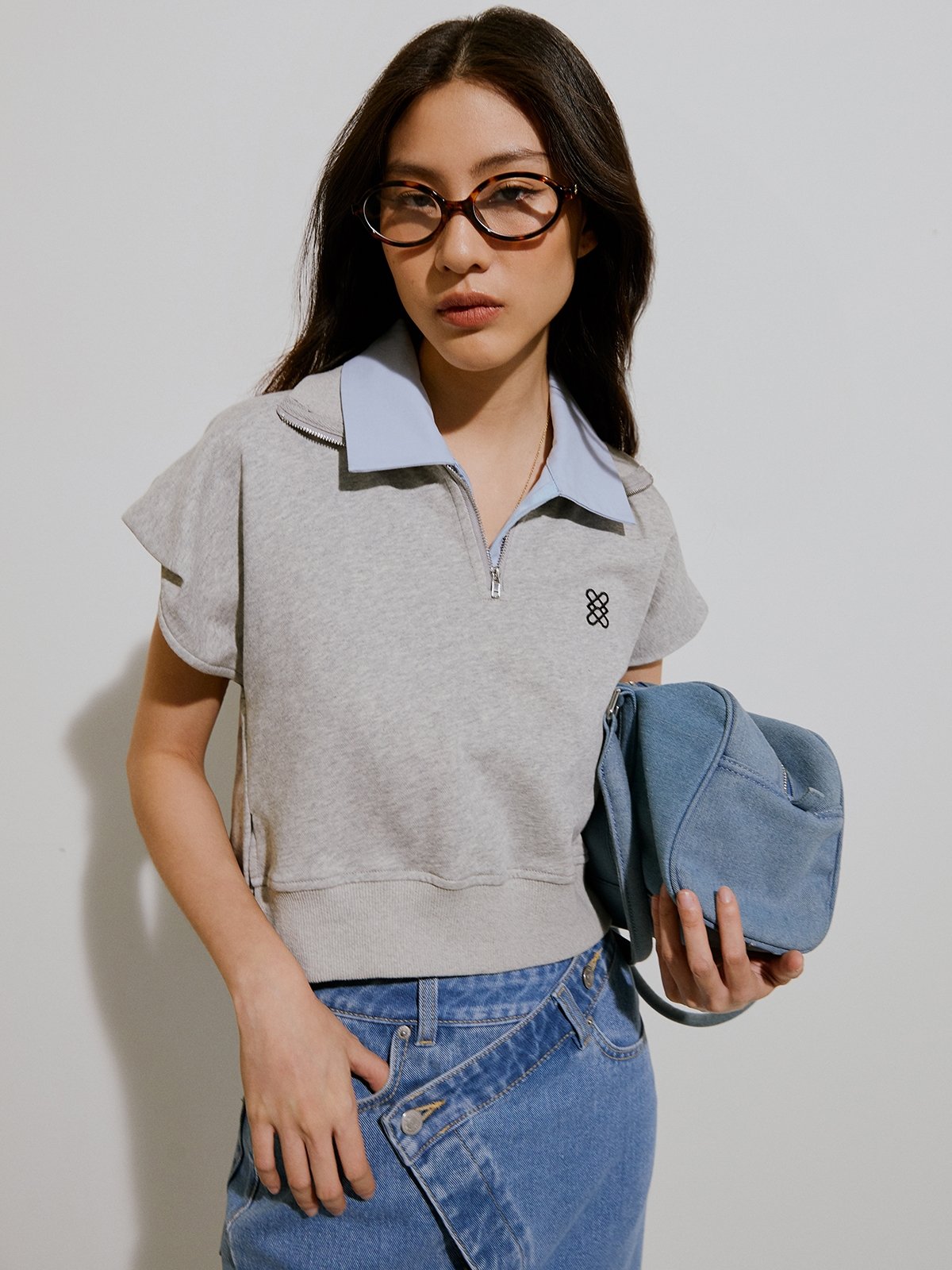 Collared zipper short sleeve sweat shirt mid grey pomelo fashion