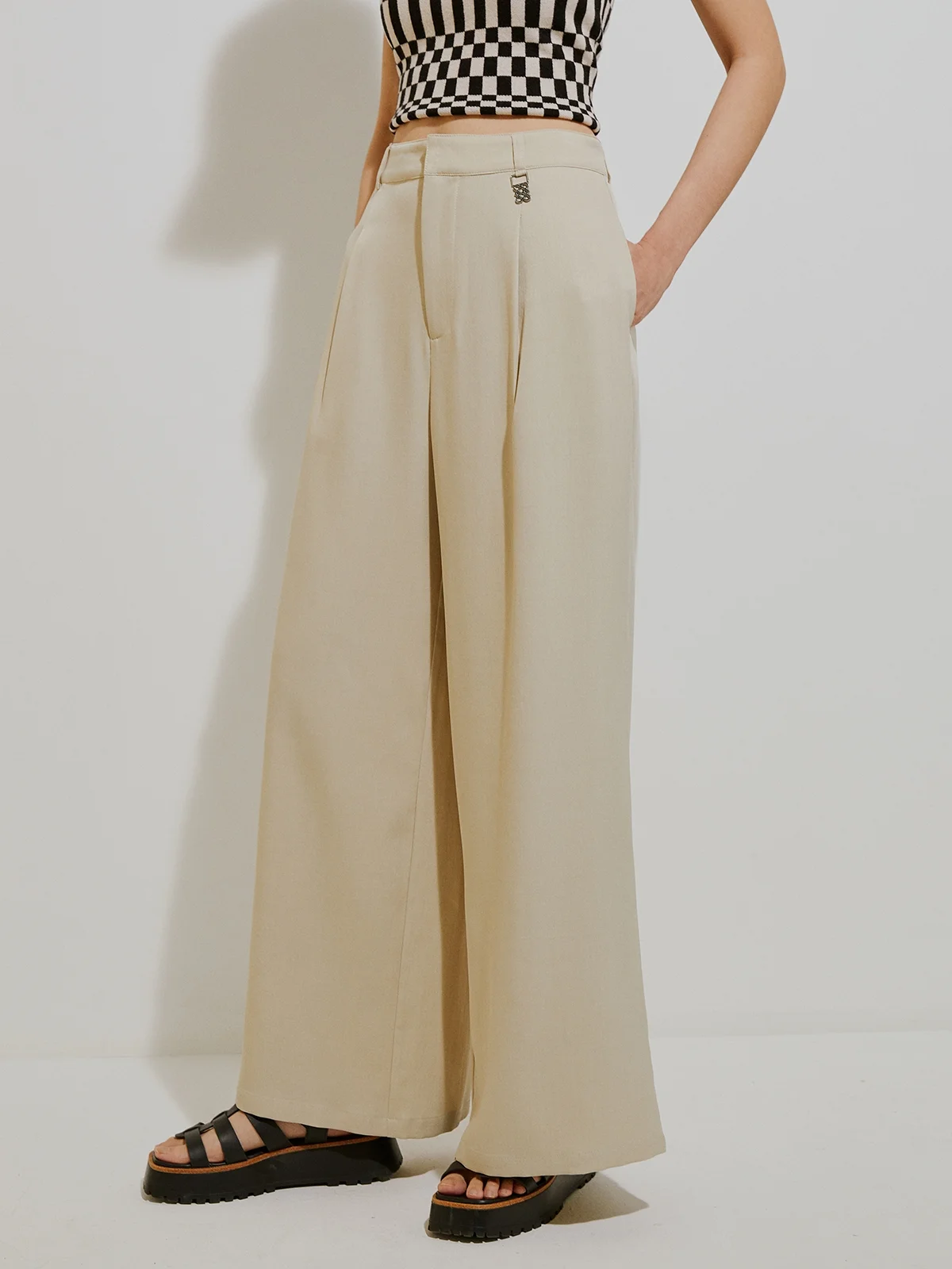 Double Weave Silver Hardware Detail Wide-Leg Pants - Beige 