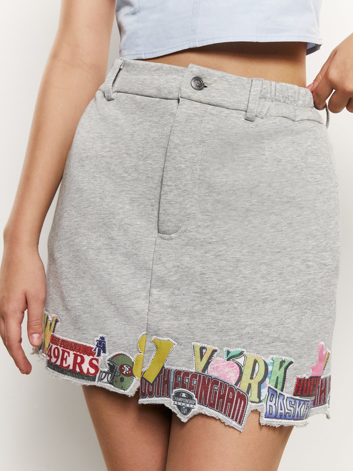 Pomelo. x Dry Clean Only Embroidered Patchwork Hem Detail Mini Skirt Mid Grey Pomelo Fashion