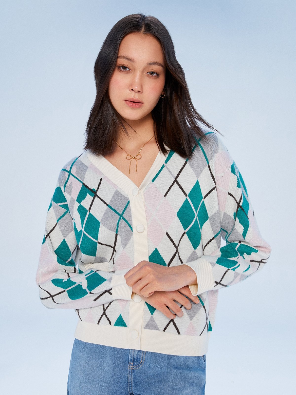 Argyle Printed Cardigan Multi Color Pomelo Fashion