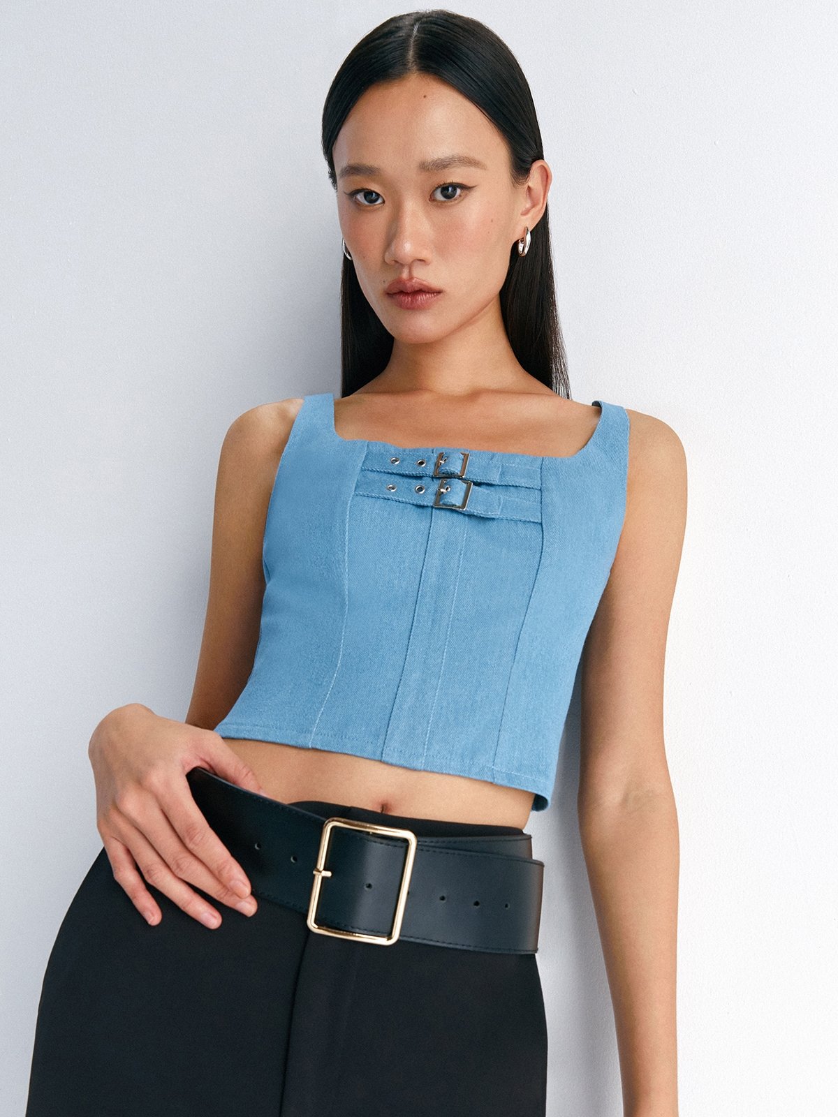 Double Buckle Belt Detail Denim Cami Top Light Blue Pomelo Fashion