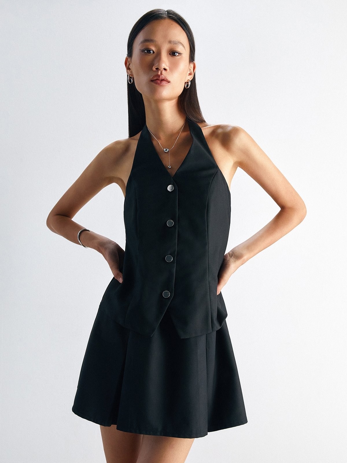 Two Pieces Vest Mini Dress Black Pomelo Fashion