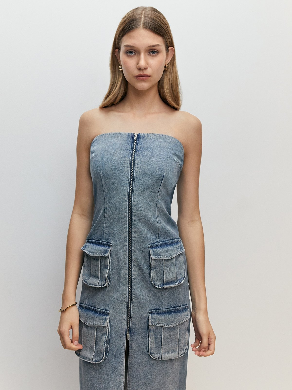 Denim Blue Zip Front Midi/Maxi Dress with Gold Buttons