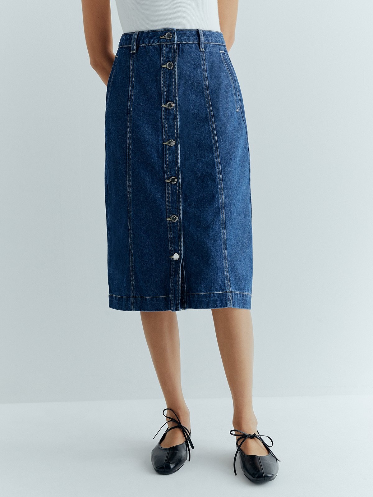 Front Button Denim Pencil Skirt Blue Pomelo Fashion