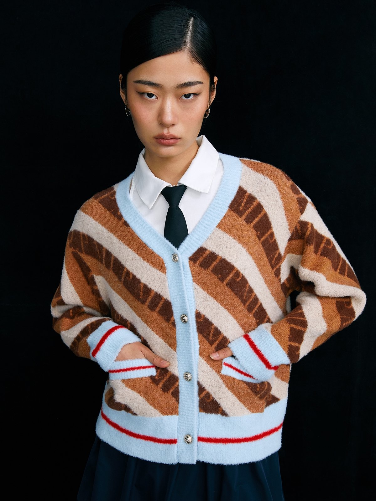 Diagonal Stripe Cardigan Brown Pomelo Fashion
