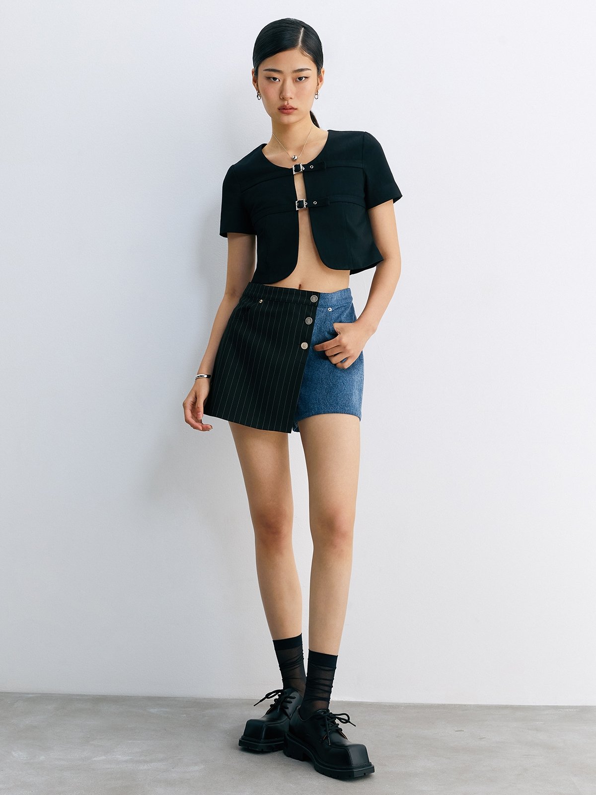 Stripe Denim Skorts Blue Pomelo Fashion