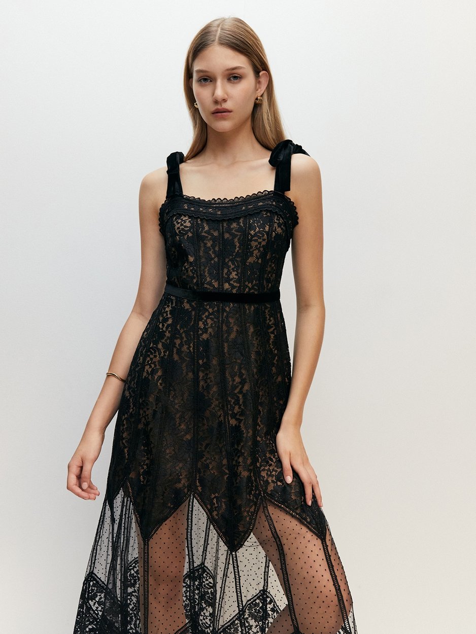 Semi-See Through Lace Midi Dress - Black - Pomelo Fashion Semi-See Through Lace Midi Dress - Black - Pomelo Fashion