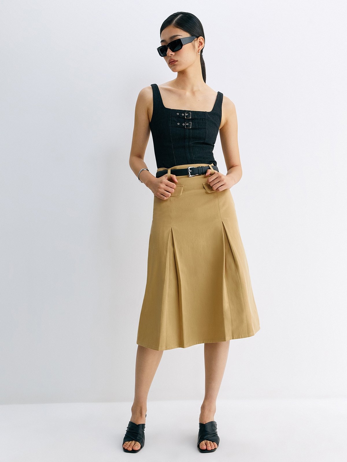 Pleated Denim Midi Skirt