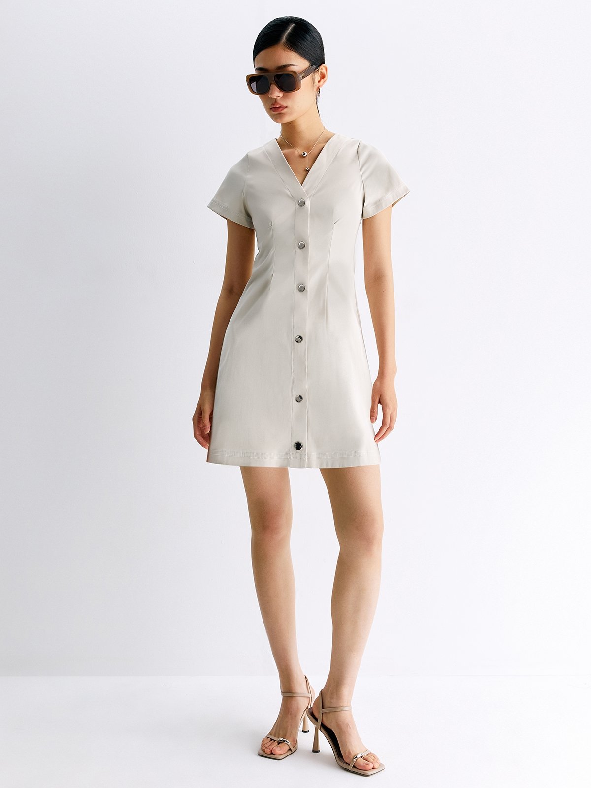 Short Sleeve Button Shirt Mini Dress Ivory Pomelo Fashion