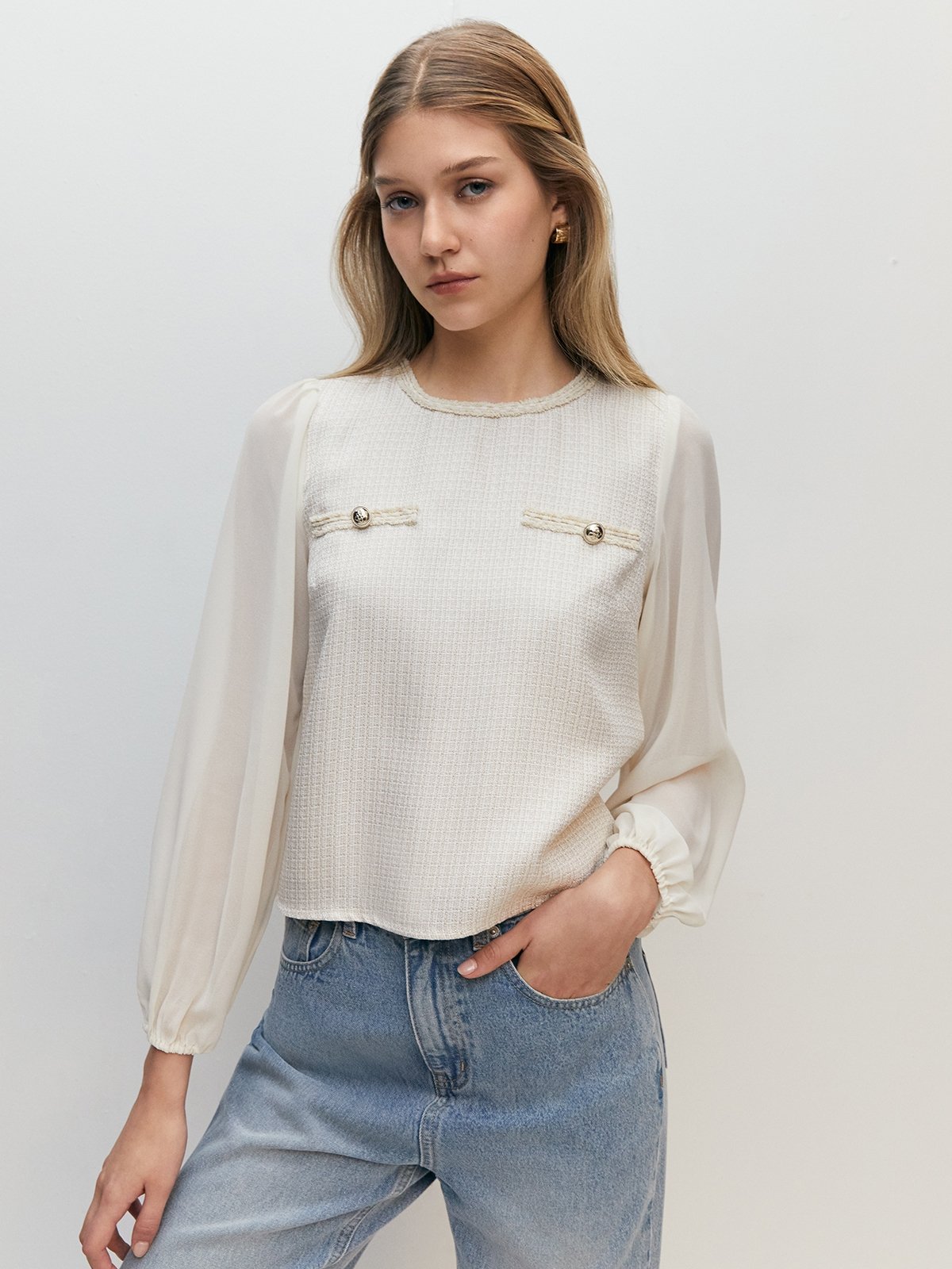 Long Puffed Sleeve Chiffon Blouse Cream Pomelo Fashion