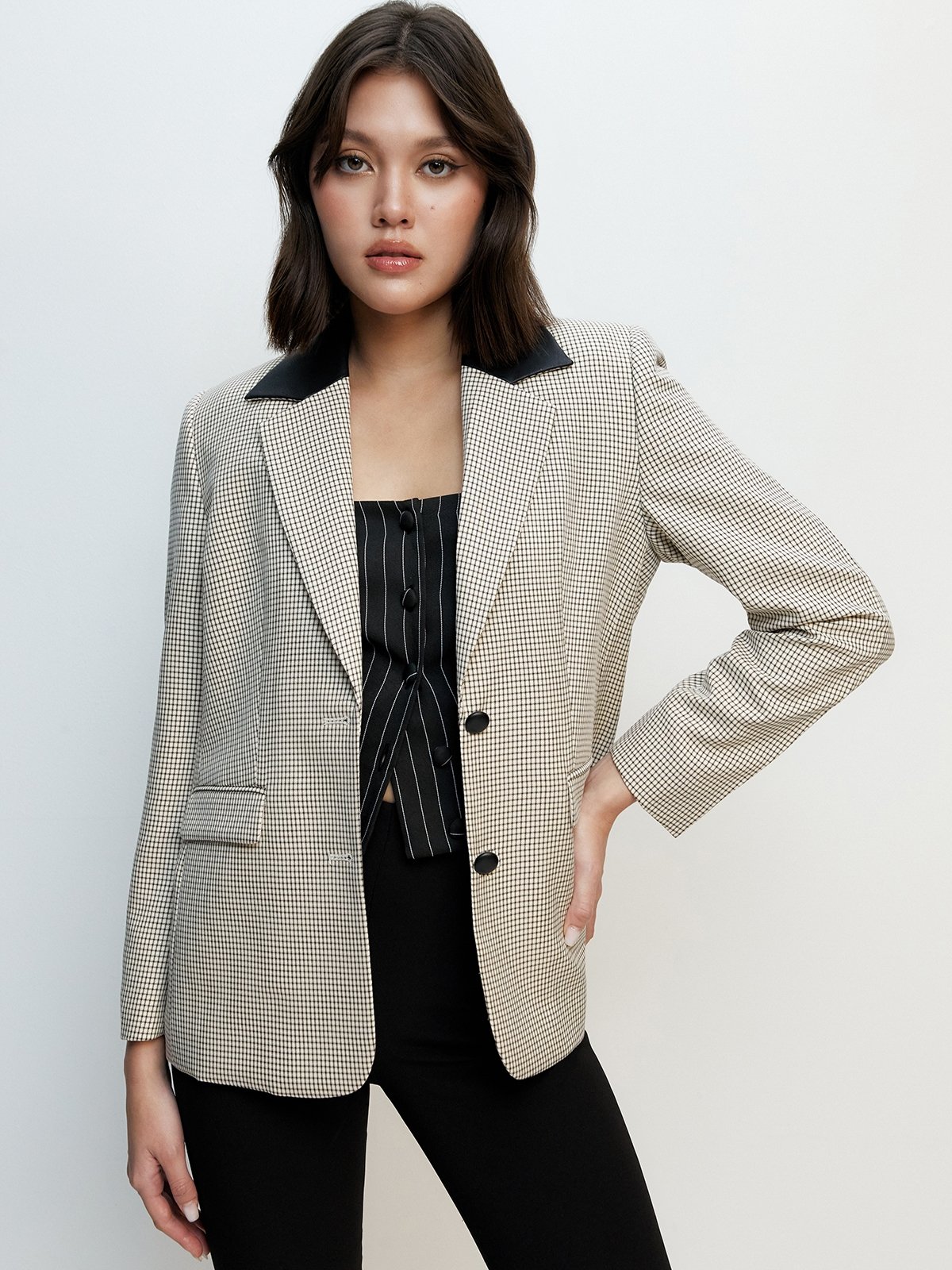 Windowpane Leather Trim Collar Blazer Ivory Pomelo Fashion