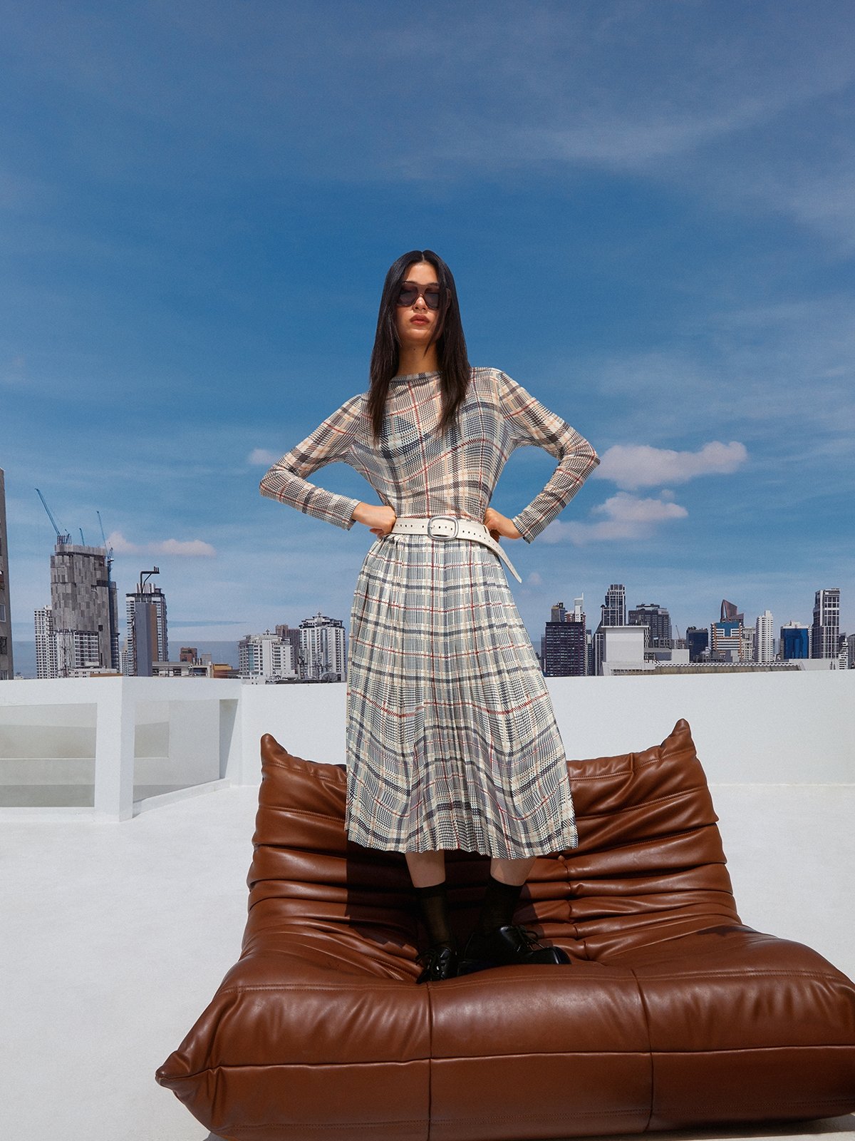 กระโปรงยาวลายสก็อต สีครีม Pomelo Fashion