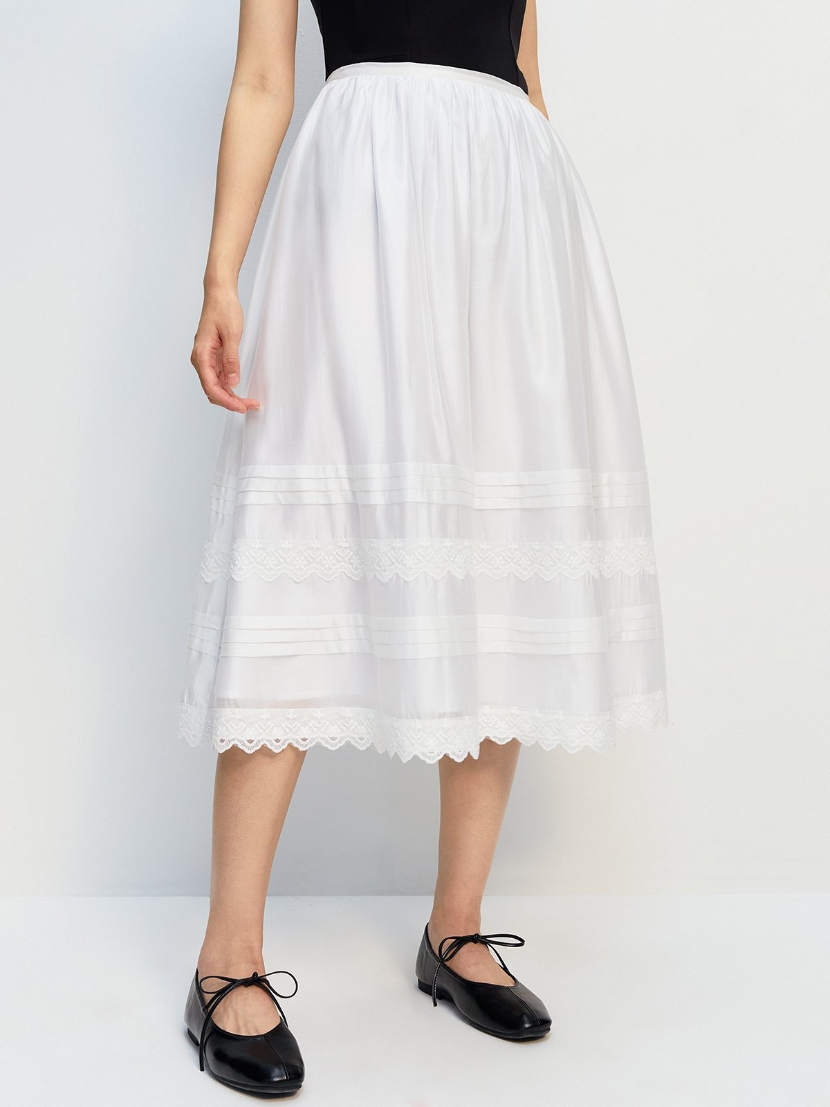 Lace Trim Sheer Midi Skirt - White - Pomelo Fashion