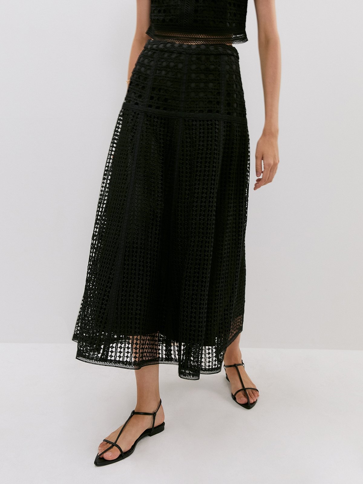 Embellished Laser Cut DoubleLayered Midi Skirt Black Pomelo Fashion